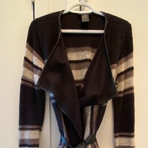 I.N.C. STRIPED COZY SWEATER/CARDIGAN WITH POCKETS & FAUX LEATHER BELT/TRIM